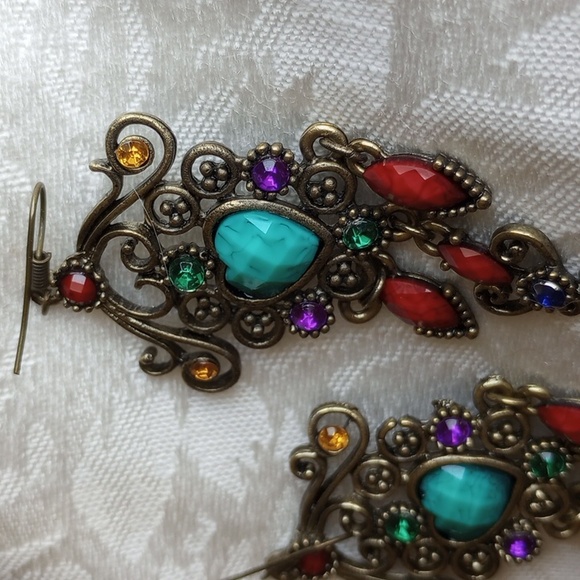 Colorful faux turquoise heart scrolls and dangling rhinestone hook earrings - Picture 3 of 5